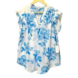 Chaus New York Women's Tops Size M Fluter Sleeve White and Blue Floral Blouse